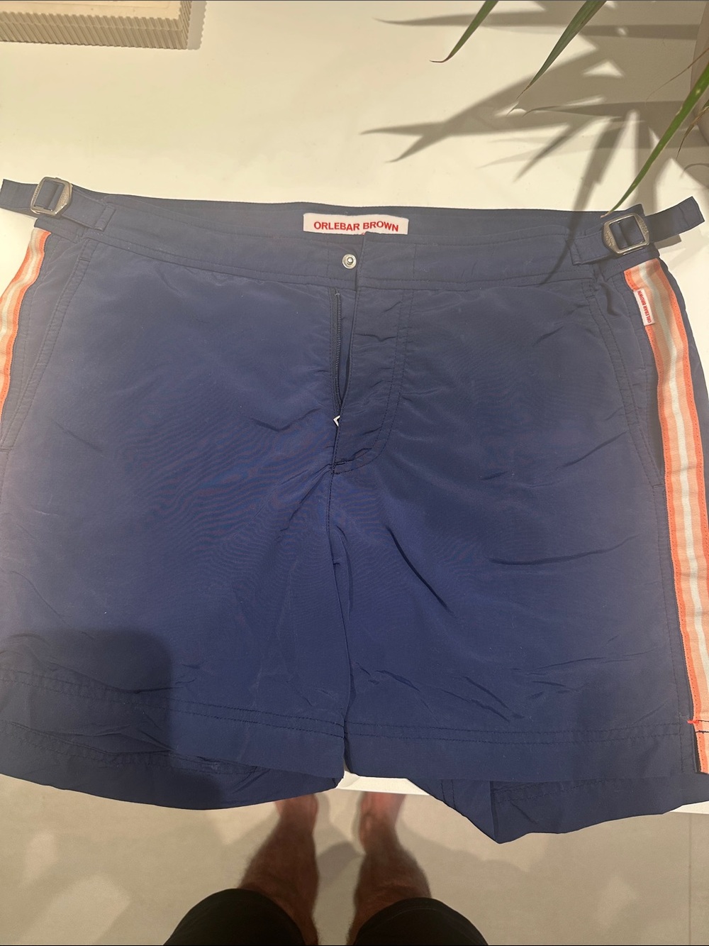 Orlebar Brown Navy Swim Trunks with Orange-Striped Side Detail